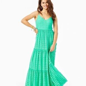 NWT Lilly Pulitzer Tiered Eyelet Melody Maxi Dress in Gustavia Green - Size 0